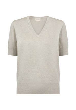 Lichtgrijs fijngebreid T-shirt met korte mouwen, V-hals en geribde boorden aan de mouwen en zoom, weergegeven op een witte achtergrond.