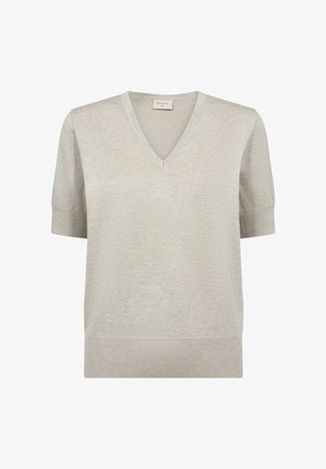 Lichtgrijs fijngebreid T-shirt met korte mouwen, V-hals en geribde boorden aan de mouwen en zoom, weergegeven op een witte achtergrond.