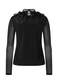 Schwarzes langärmeliges Oberteil mit transparenter Überlage, strukturierten Einsätzen und Rüschensaum, das über eine Knopfschließe und einen offenen Rücken verfügt.