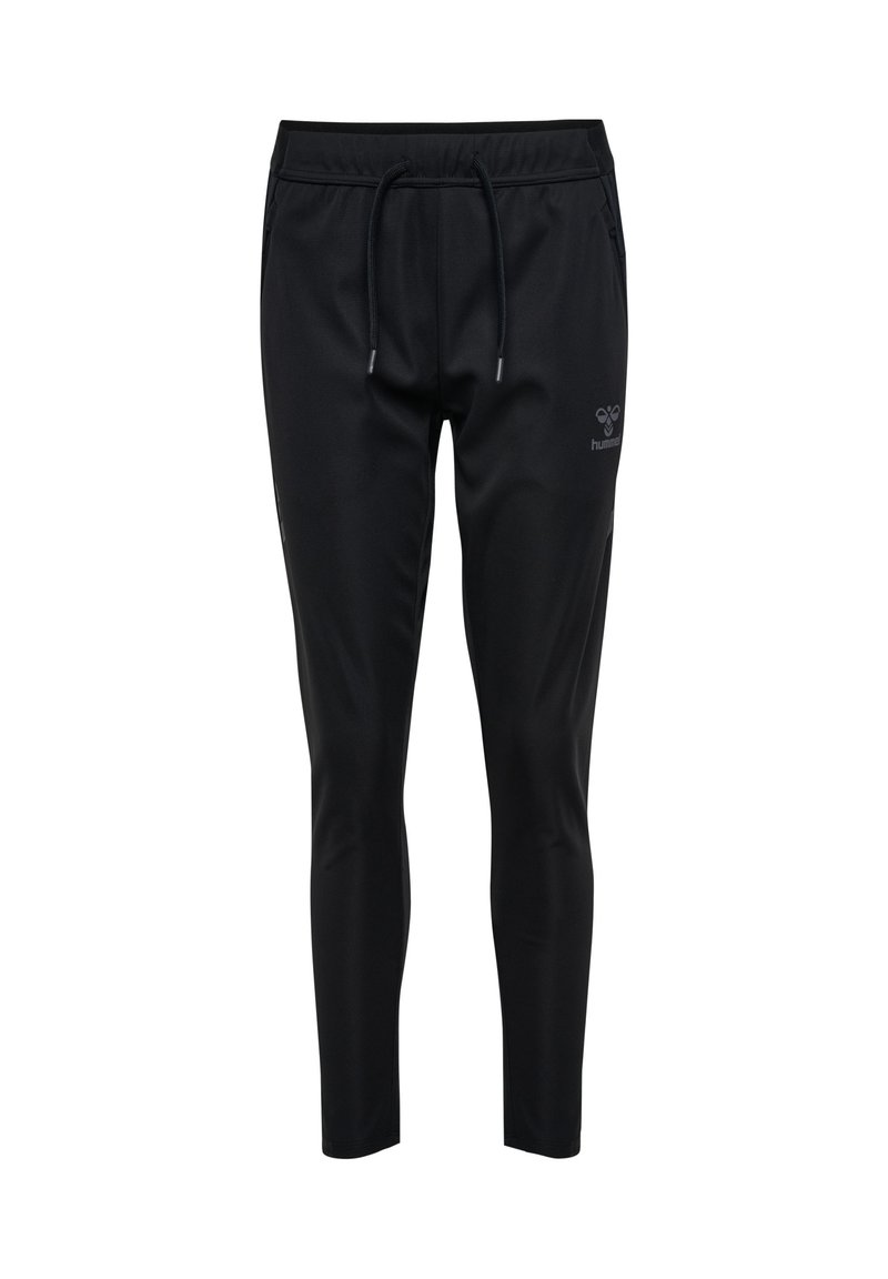 Svarta sportiga joggers i slätt tyg med elastisk midja, dragsko och sidofickor. Har diskret logotypdetaljering.