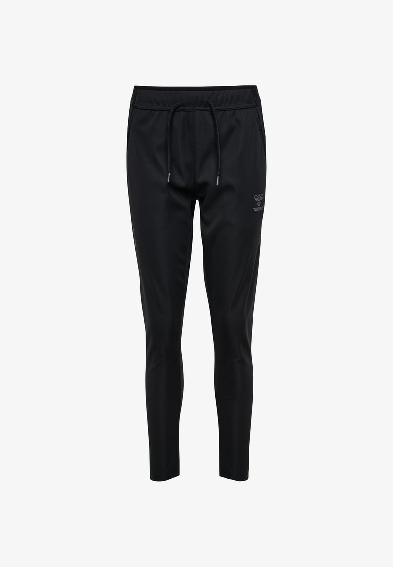 Svarta sportiga joggers i slätt tyg med elastisk midja, dragsko och sidofickor. Har diskret logotypdetaljering.