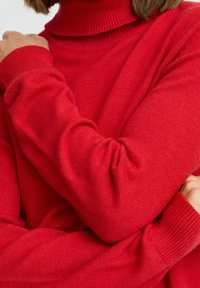 Maglione rosso a collo alto con bordo e polsini a coste, realizzato in tessuto morbido, caratterizzato da una vestibilità comoda e una texture minimale.