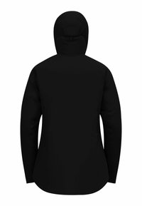 Zwarte waterdichte jas met capuchon, gemaakt van gladde stof. Heeft een gestroomlijnd ontwerp en een langere achterkant voor extra bedekking.