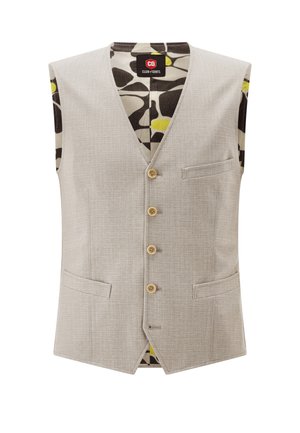 Beige Herrenweste mit Knöpfen, spitz zulaufendem Saum, Vordertaschen und gemustertem Innenfutter in Schwarz, Weiß und Gelb.