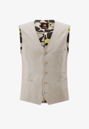 Beige Herrenweste mit Knöpfen, spitz zulaufendem Saum, Vordertaschen und gemustertem Innenfutter in Schwarz, Weiß und Gelb.