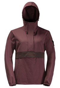 Veste-pull en bordeaux avec une bande horizontale marron foncé. Dotée d'une capuche, d'un col zippé et de poignets élastiques pour une coupe ajustée.