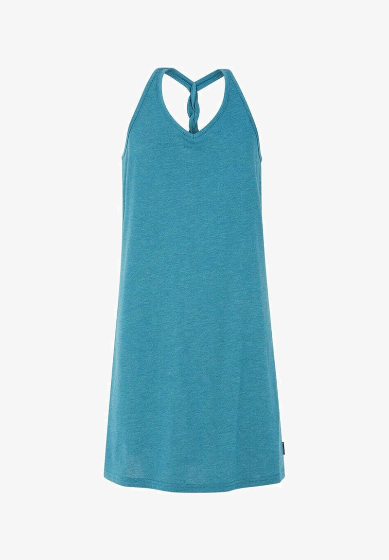 Bezramienkové šaty vo forme A s jednofarebnou teal farbou, vyrobené z jemnej látky, s uzlovým dizajnom na chrbte a zaobleným lemom.