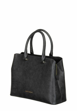 Sac à main noir texturé avec deux poignées, poche latérale zippée et discret logo doré. Présente un design structuré et un motif reptile.