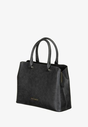 Sac à main noir texturé avec deux poignées, poche latérale zippée et discret logo doré. Présente un design structuré et un motif reptile.