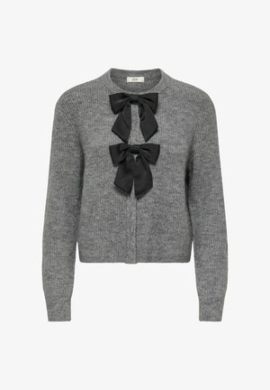 Pilkas megztas kardiganas su apvalia iškirpte, priekyje dvi juodos satino kaspinėliai, rankogaliai ir apačia su briaunomis.