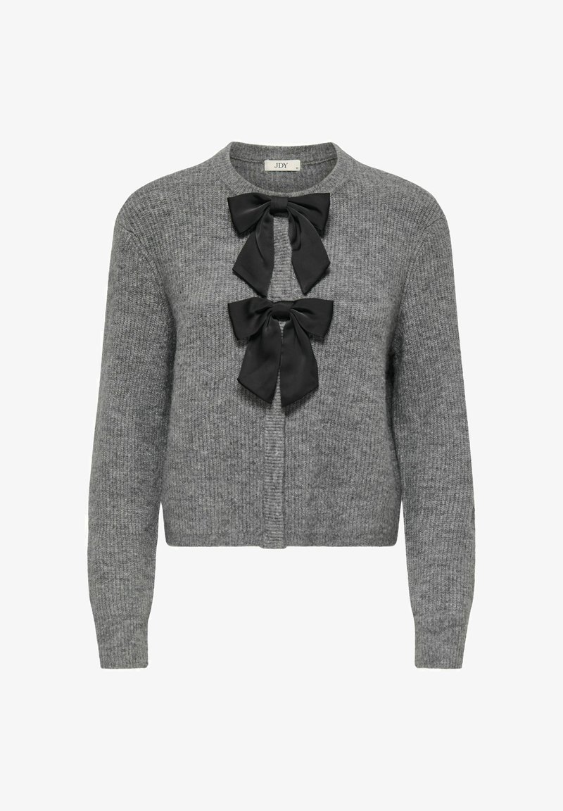 Szary dzianinowy kardigan z okrągłym dekoltem, ozdobiony dwoma czarnymi satynowymi kokardami z przodu oraz ściągaczami na mankietach i na dole.