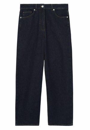 Dunkelblaue Denim-Hosen mit weitem Bein und hoher Taille, zwei vorderen Taschen und einem Knopfverschluss. Sauberer Abschluss mit gelben Nähdetails.