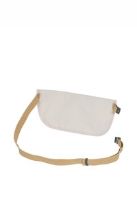 Lichtbeige tas met afgeronde bovenkant. Gemaakt van stof, beschikt over een tan schouderband en zwart hardware voor een verstelbare pasvorm. Eenvoudig, gestroomlijnd ontwerp.