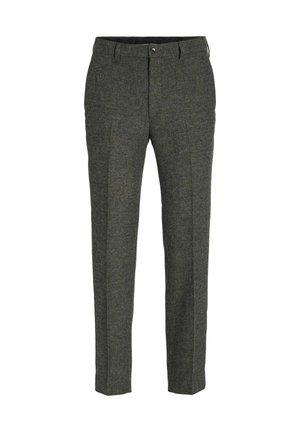 Grau strukturierte Hosen mit geradem Bein, Vorderfalten und Knopfverschluss. Der Stoff erscheint weich mit einem eleganten Finish.