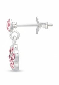 Orecchini in argento con design a fiore di cristallo rosa e pendente rotondo. Superficie testurizzata e chiusura a farfalla. Diametro: piccolo.