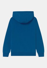 Felpa blu realizzata in materiale morbido, caratterizzata da un cappuccio, polsini e orlo a coste, con una superficie liscia e senza loghi o motivi visibili.