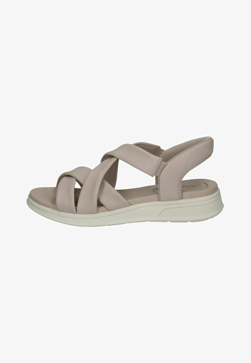 Sandale beige à bout ouvert avec semelle rembourrée, brides croisées et bride arrière pour le maintien du talon, conçue pour un usage décontracté.