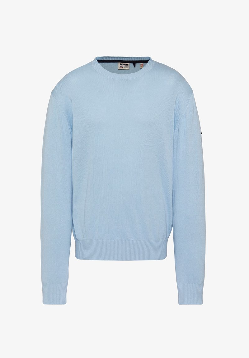 Pull bleu clair à manches longues avec col rond, poignets et ourlet côtelés, tissu tricoté uni, et petite étiquette logo sur la manche gauche.