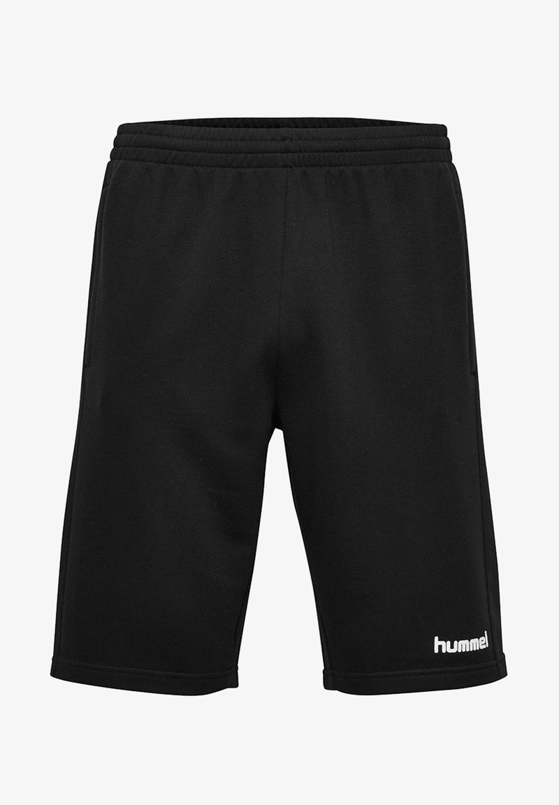 Svarta träningsshorts i mjukt tyg, med elastisk midja, sidofickor och en vit logotyp på nedersta högra sidan.