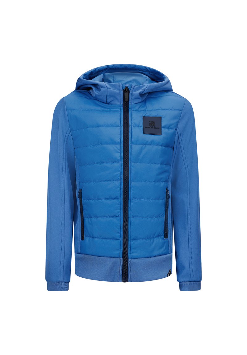 Veste à capuche bleue avec un devant rembourré, poches zippées et finition texturée. Présente un patch logo noir sur le côté supérieur gauche de la poitrine. Matériaux mats et brillants.