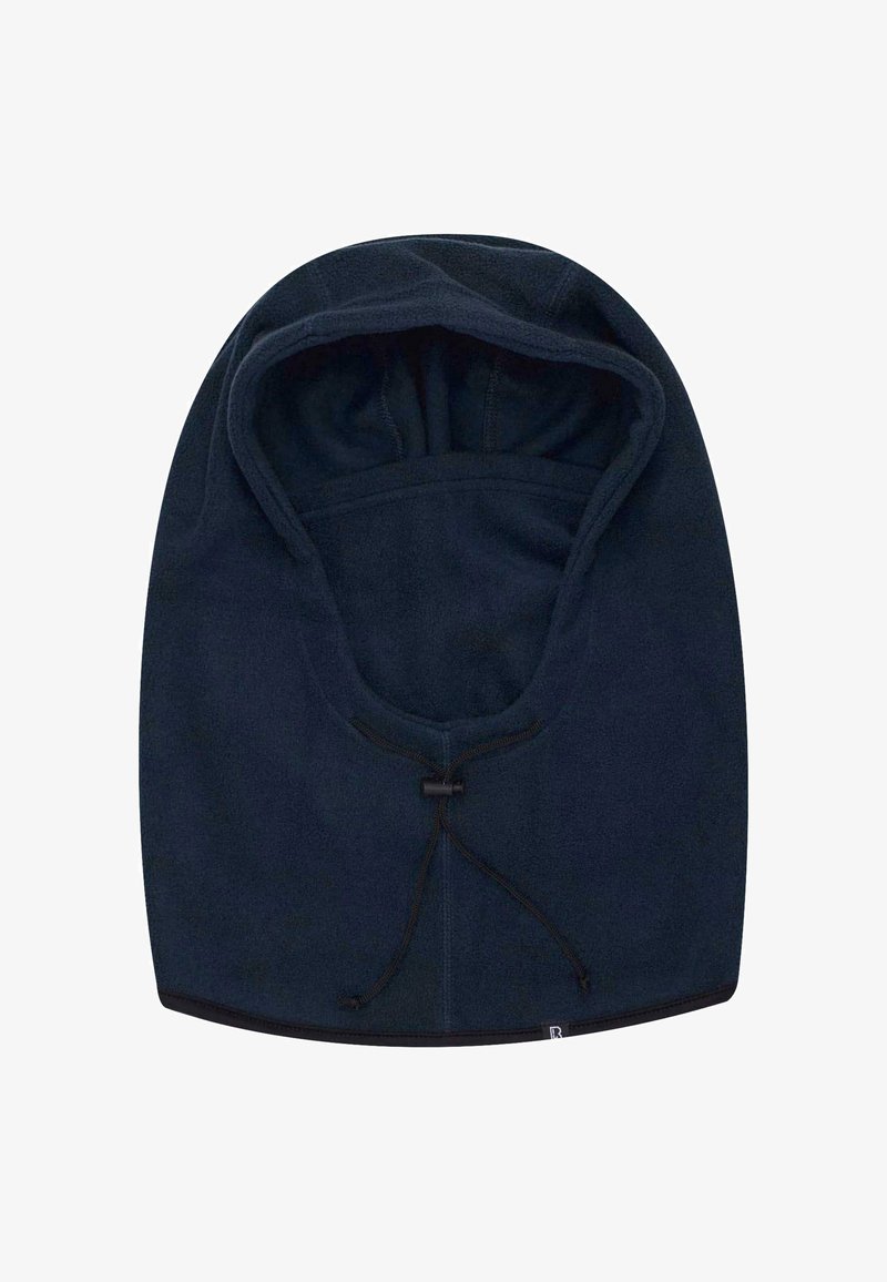 Merinovalkoinen fleece-huppu, jonka muoto on pyöristetty, säädettävä naru ja musta reunus alareunassa. Pehmeä pinta, ilman näkyviä kuvioita.