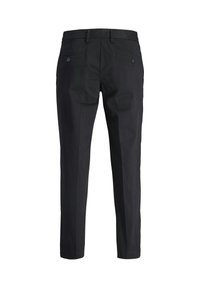 Pantalon formel noir avec passants pour ceinture et deux poches arrière boutonnées, présenté de dos sur fond blanc.