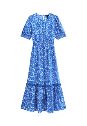 Robe midi bleue avec imprimé floral blanc, manches courtes bouffantes, taille élastique et ourlet à volants à étages.