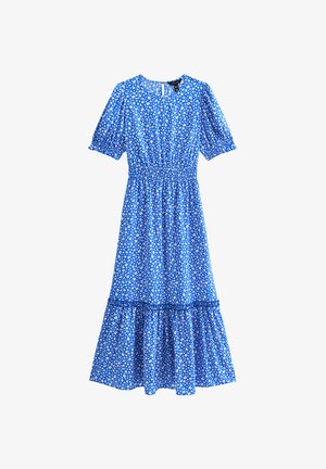 Robe midi bleue avec imprimé floral blanc, manches courtes bouffantes, taille élastique et ourlet à volants à étages.