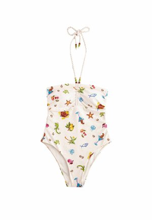 One-piece swimsuit in cream with colorful marine-themed patterns, featuring a fitted design, adjustable rope straps, and decorative beads.
