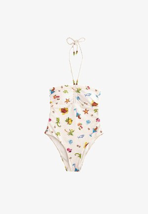 Maillot de bain une pièce crème avec des motifs marins colorés, présentant un design ajusté, des bretelles en corde réglables et des perles décoratives.