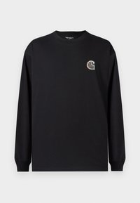 Schwarzes langärmliges T-Shirt aus Baumwolle, mit einem kleinen mehrfarbigen Logo auf der linken Brust, rundem Halsausschnitt und gerippten Bündchen.