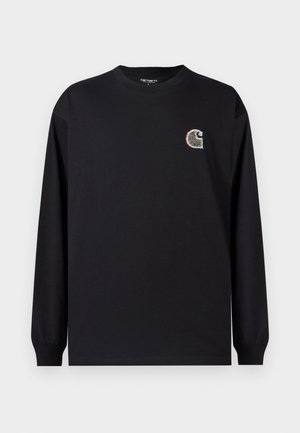 Sort langærmet T-shirt i bomuld med en lille flerfarvet logo på venstre bryst, rund halsudskæring og ribkantede ærmegab.