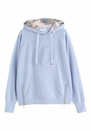 Lichtblauwe hoodie met binnenvoering van de capuchon met paisley-print, vooraan een reliëflogo, trekkoorden en twee verticale ritszakken.