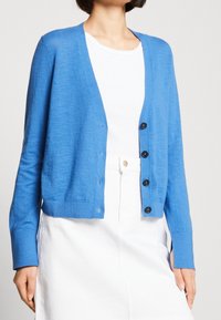 Blauer Strickcardigan mit V-Ausschnitt, langen Ärmeln und sechs schwarzen Knöpfen vorne. Der Stoff wirkt leicht und weich.