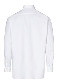 Weißes Langarmhemd mit klassischem Kragen, das eine glatte Textur, knöpfbare Manschetten und ein sauberes, minimalistisches Design ohne sichtbare Muster aufweist.