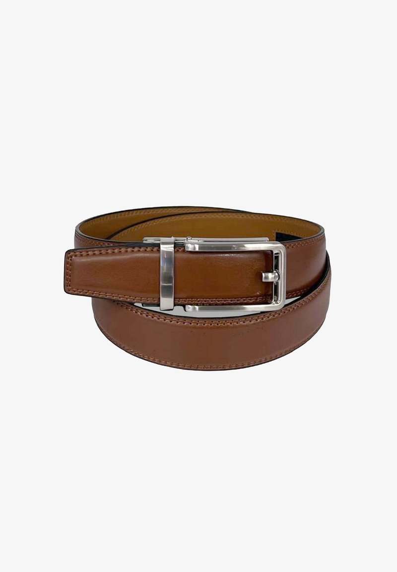 Ceinture en cuir brun avec une texture lisse, dotée d'une boucle rectangulaire en métal argenté et de surpiqûres contrastantes le long des bords.