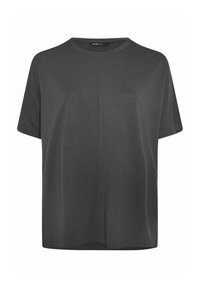 Gray short-sleeve T-shirt made of soft fabric, featuring a round neckline and a straight cut with subtle stitching detail down the front.