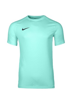 Camiseta deportiva de manga corta en turquesa claro con cuello redondo y pequeño logo negro de Nike en el pecho derecho.