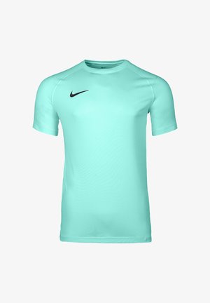 Hell türkisfarbenes sportliches T-Shirt mit kurzen Ärmeln, Rundhalsausschnitt und kleinem schwarzem Nike-Logo auf der rechten Brust.