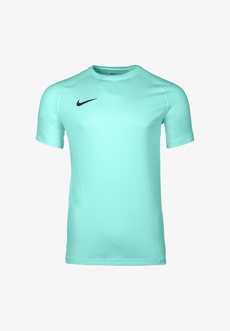 T-shirt de sport turquoise clair à manches courtes avec col rond et petit logo noir Nike sur le côté droit de la poitrine.