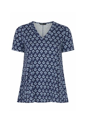 Marineblauw T-shirt met korte mouwen en V-hals, voorzien van een lichtblauw en wit bloemenpatroon over het geheel.