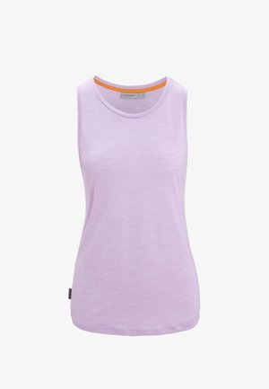 Dámské levandulově fialové tílko bez rukávů s oranžovým lemováním kolem krku, kulatým výstřihem a lehkou látkou.