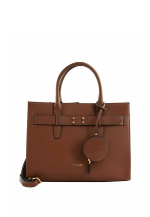Sac à main en cuir marron avec doubles poignées, bandoulière amovible, détails dorés et pochette ronde à pièces attachée portant la mention "PICARD".