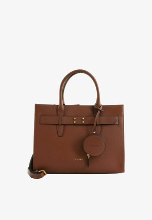 Brown leather handbag with double handles, detachable shoulder strap, gold accents, and attached round coin pouch labeled "PICARD."