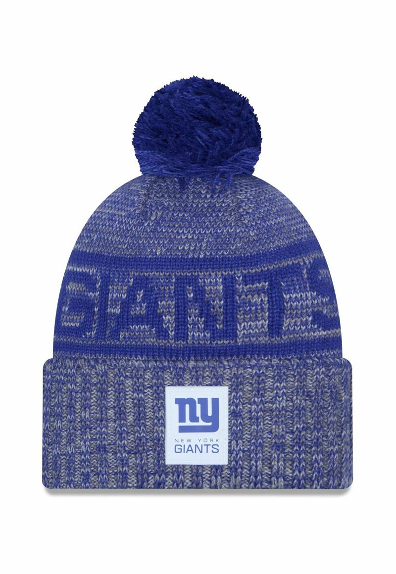 Blaue gestrickte Mütze mit einem flauschigen Pompon oben. Verfügt über ein strukturiertes Muster, das Logo "GIANTS" und ein Etikett mit "NY" und "NEW YORK GIANTS."