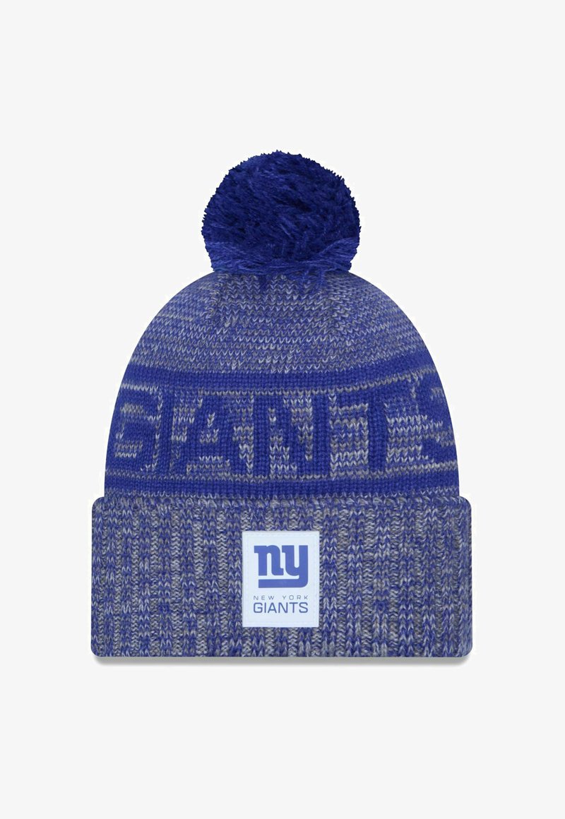 Blaue gestrickte Mütze mit einem flauschigen Pompon oben. Verfügt über ein strukturiertes Muster, das Logo "GIANTS" und ein Etikett mit "NY" und "NEW YORK GIANTS."