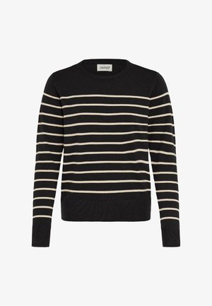 Black and cream striped knit sweater with a crew neck, long sleeves, and ribbed cuffs. Textured fabric with a fitted hem.