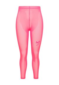 Leggings in rete rosa con una vestibilità elasticizzata. Presentano una vita alta e un piccolo logo su una gamba. Texture liscia e design leggero.