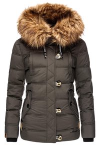 Padded olive green jacket with a large faux fur collar. Features diagonal stitching, two front pockets, and gold-tone buttons.