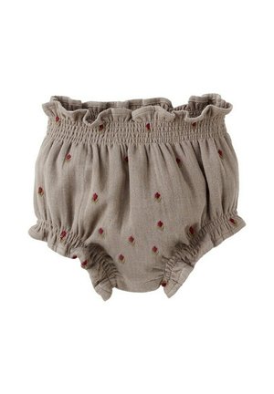 Bež bombažne hlačke za dojenčke z elastičnim nabranskim pasom in odprtinami za noge, okrašene z majhnimi vezenimi rdečimi vrtnicami.